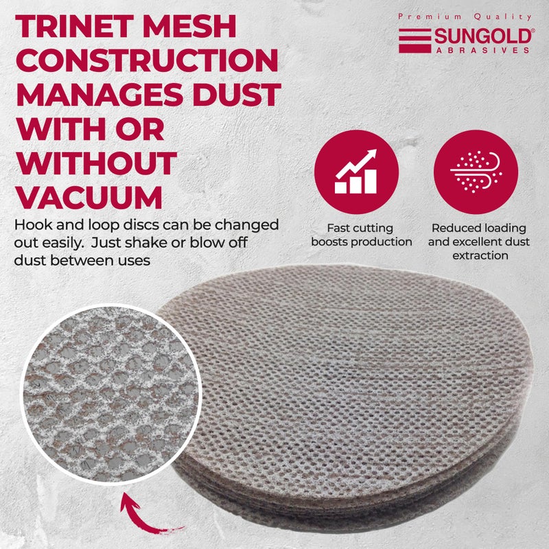Sungold Abrasives 91-875-100 Trinet Mesh 100 Grit Hook & Loop Stearated Aluminum Oxide Sanding Discs for Drywall Sanders, 10 Pack, 9" - Image 2